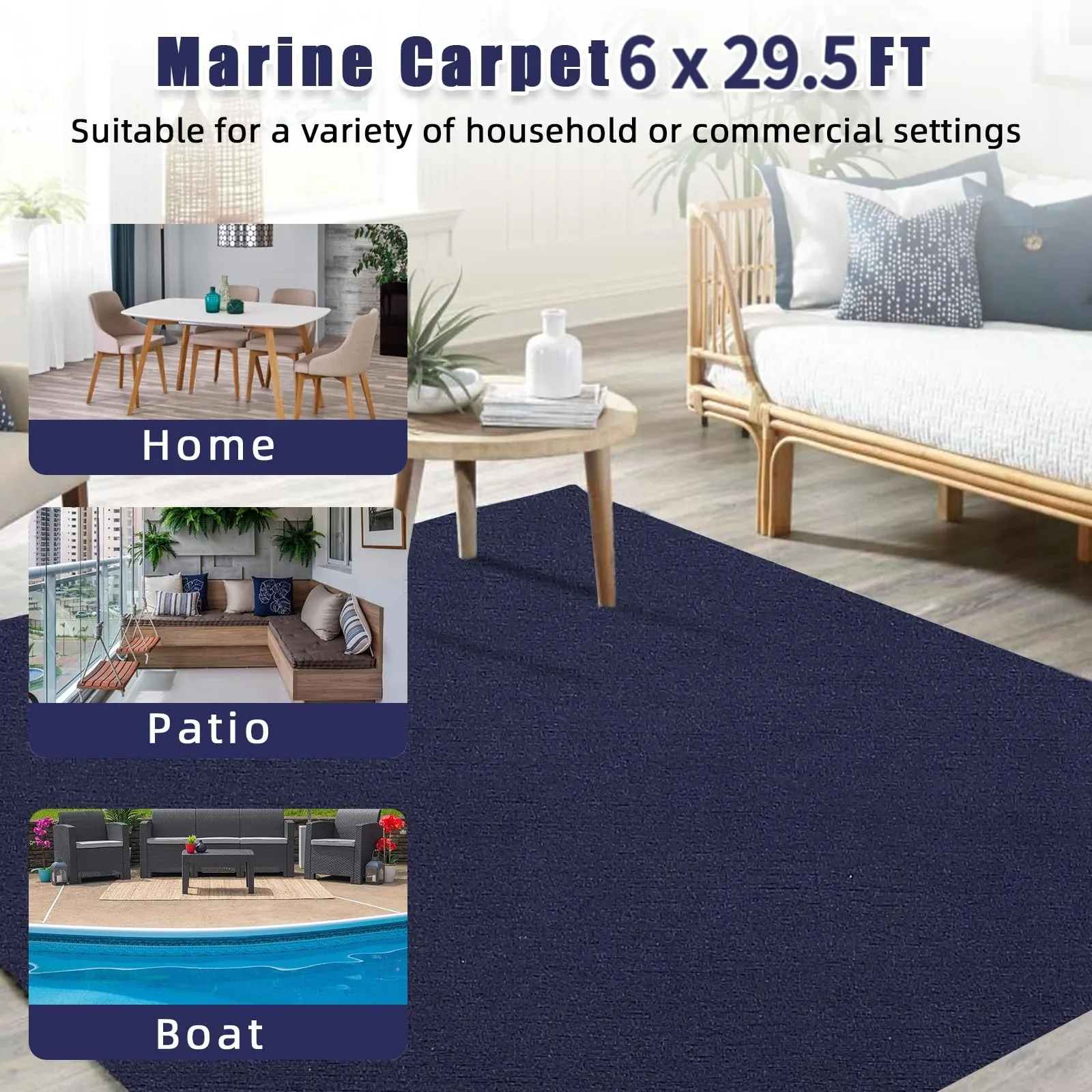 GARVEE 6FT*29.5FT Boat Marine Carpet, Blue Marine Carpet, Indoor/Outdoor Rug, TPR Non-Slip, Waterproof, for Patio Deck, Outdoor Use, Camping