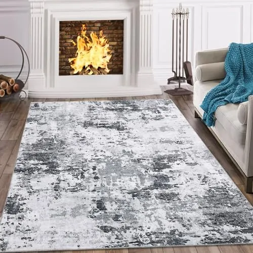 GARVEE Area Rug 3x5 Machine Washable Rug Modern Abstract Distressed Rug Soft Non-Slip Indoor Floor Mat Foldable Non Shedding Floor Cover Low Pile Thin Rug for Living Room Bedroom Dining Room Grey