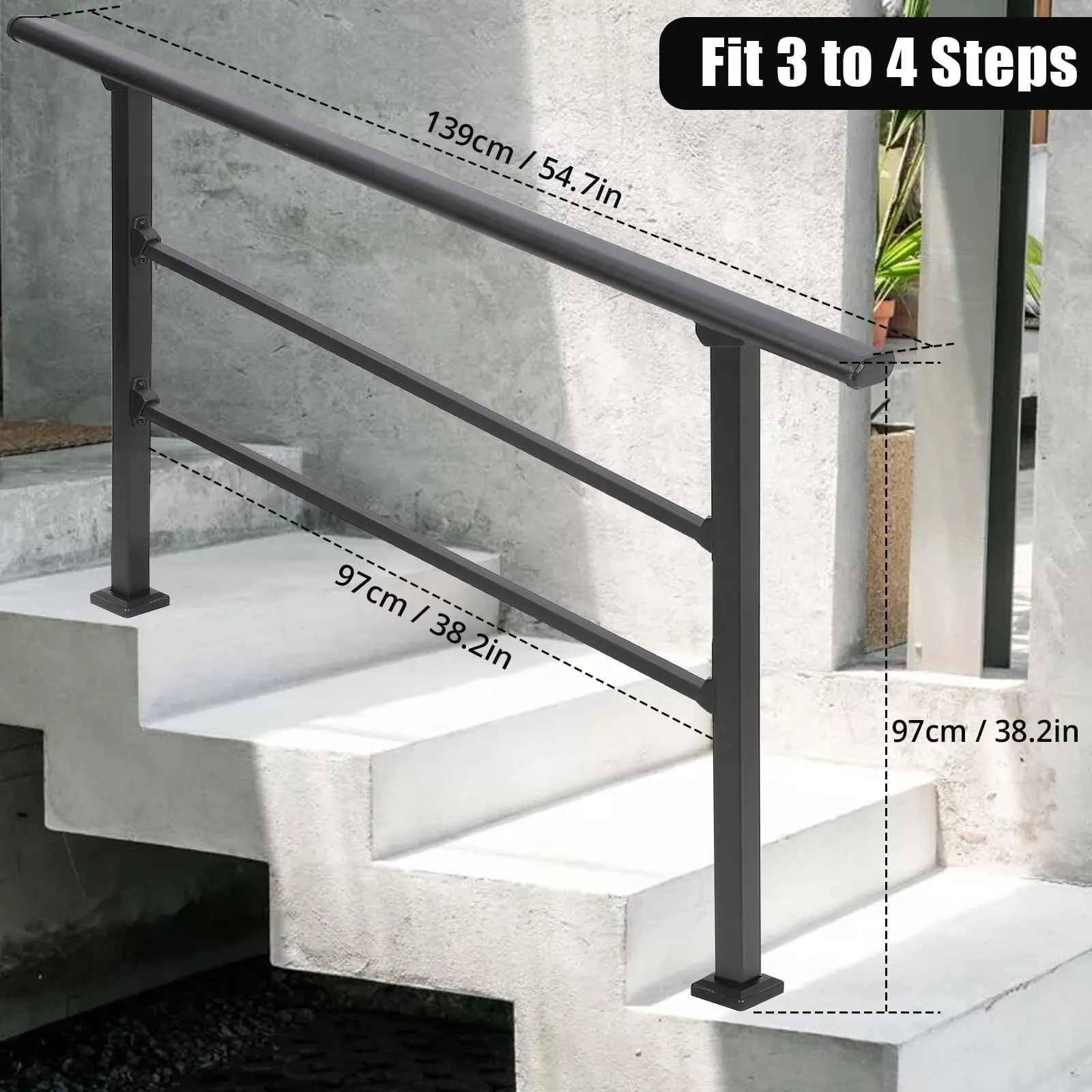 GARVEE Handrails for Outdoor Steps, 2PCS Outdoor Stair Railing Fits 3 to 4 Steps, Sturdy Porch Railing with Installation Kit, No Rust Wrought Iron Hand Railings for Outdoor Steps