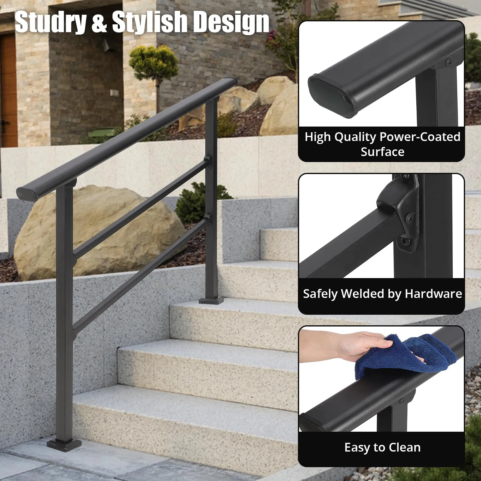 GARVEE Handrails for Outdoor Steps, 2PCS Outdoor Stair Railing Fits 3 to 4 Steps, Sturdy Porch Railing with Installation Kit, No Rust Wrought Iron Hand Railings for Outdoor Steps