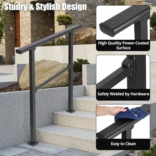 GARVEE Handrails for Outdoor Steps, 3 Step Handrail Fit 2 or 3 Steps Outdoor Stair Railing, Black Wrought Iron Stair Handrail with Installation Kit, Metal Porch Railing - 3 Steps-A / 2