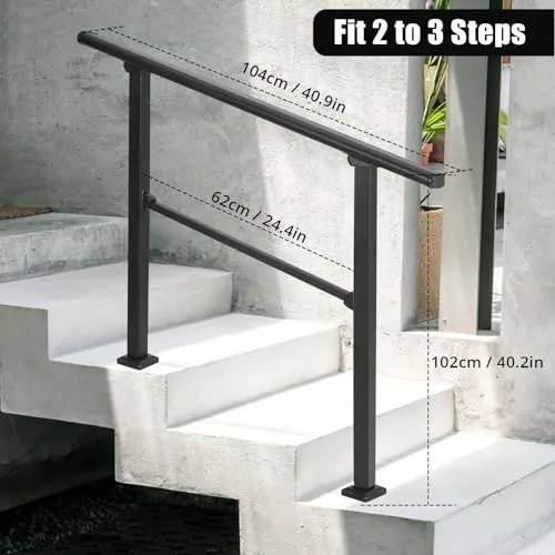 GARVEE Handrails for Outdoor Steps, 3 Step Handrail Fit 2 or 3 Steps Outdoor Stair Railing, Black Wrought Iron Stair Handrail with Installation Kit, Metal Porch Railing - 3 Steps-A / 2