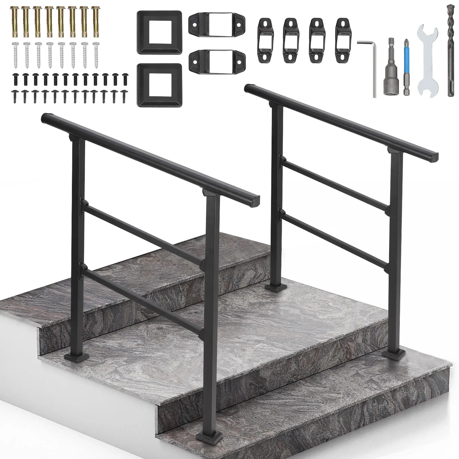 GARVEE Handrails for Outdoor Steps, 3 Step Handrail Fit 2 or 3 Steps Outdoor Stair Railing, Black Wrought Iron Stair Handrail with Installation Kit, Metal Porch Railing - 3 Steps-B / 1