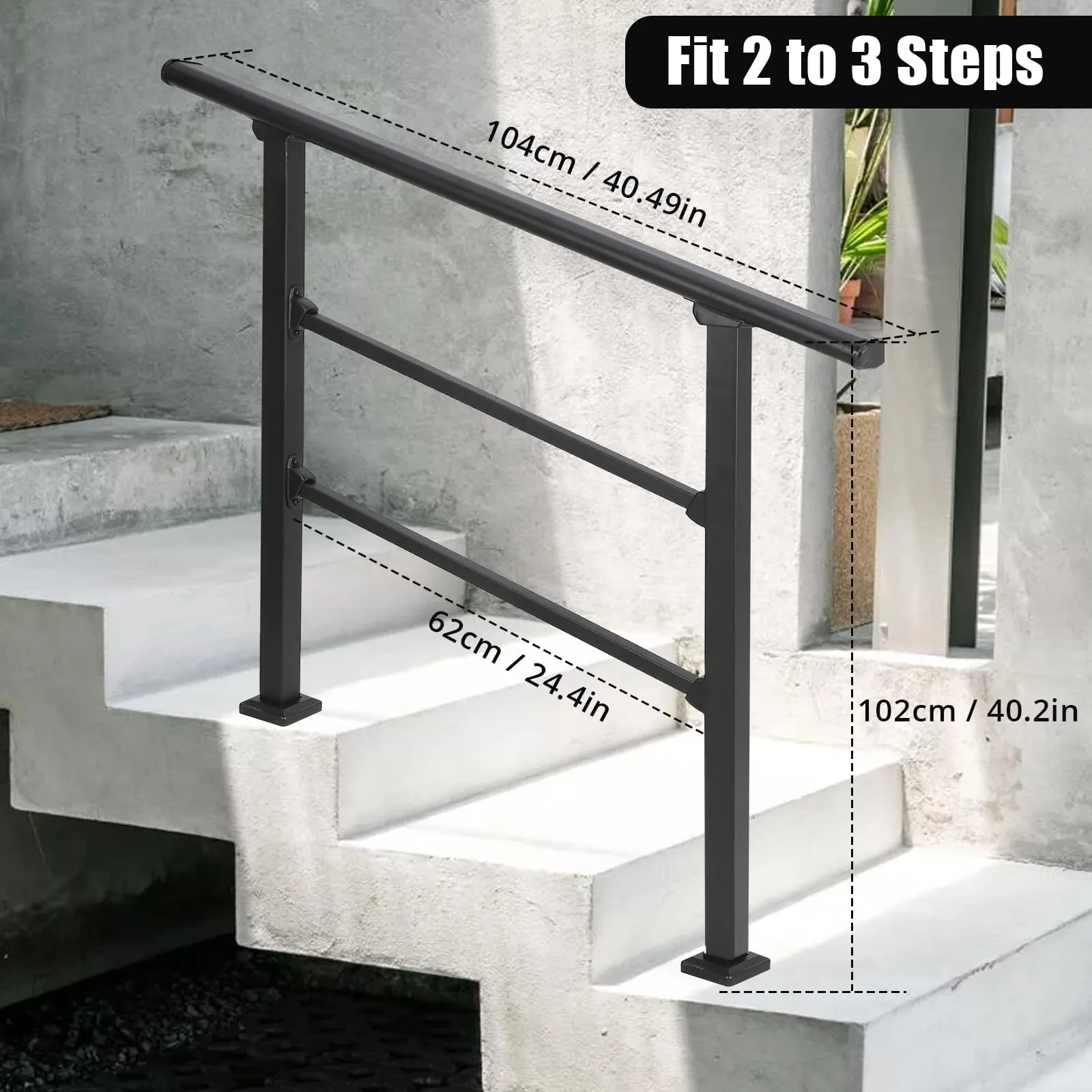 GARVEE Handrails for Outdoor Steps, 3 Step Handrail Fit 2 or 3 Steps Outdoor Stair Railing, Black Wrought Iron Stair Handrail with Installation Kit, Metal Porch Railing - 3 Steps-B / 1