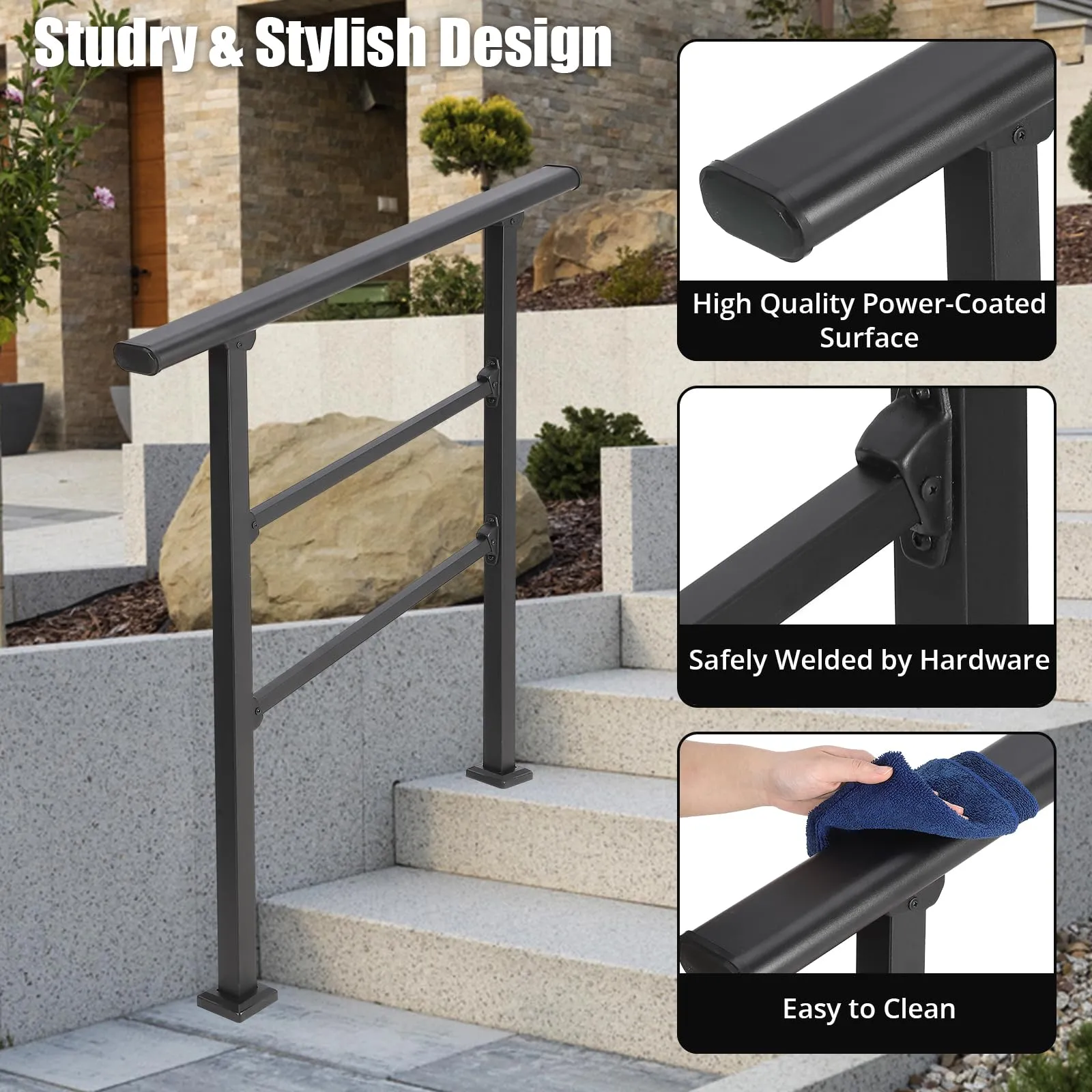 GARVEE Handrails for Outdoor Steps, 3 Step Handrail Fit 2 or 3 Steps Outdoor Stair Railing, Black Wrought Iron Stair Handrail with Installation Kit, Metal Porch Railing - 3 Steps-B / 1