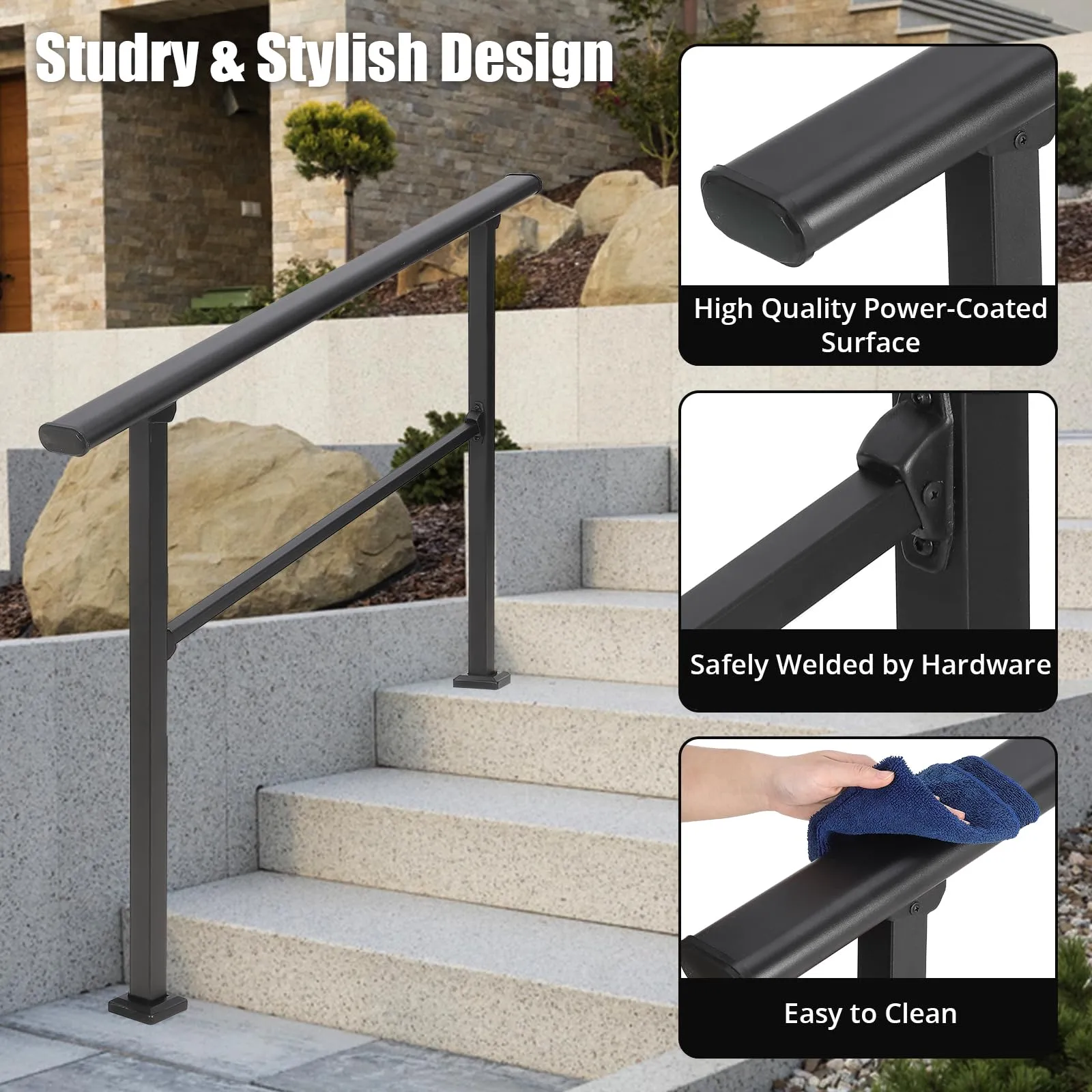 GARVEE Outdoor Handrails for 3-4 Steps, Sturdy Black Wrought Iron, Safety & Stability, Easy Installation, Anti-Rust, Porch & Garden Use