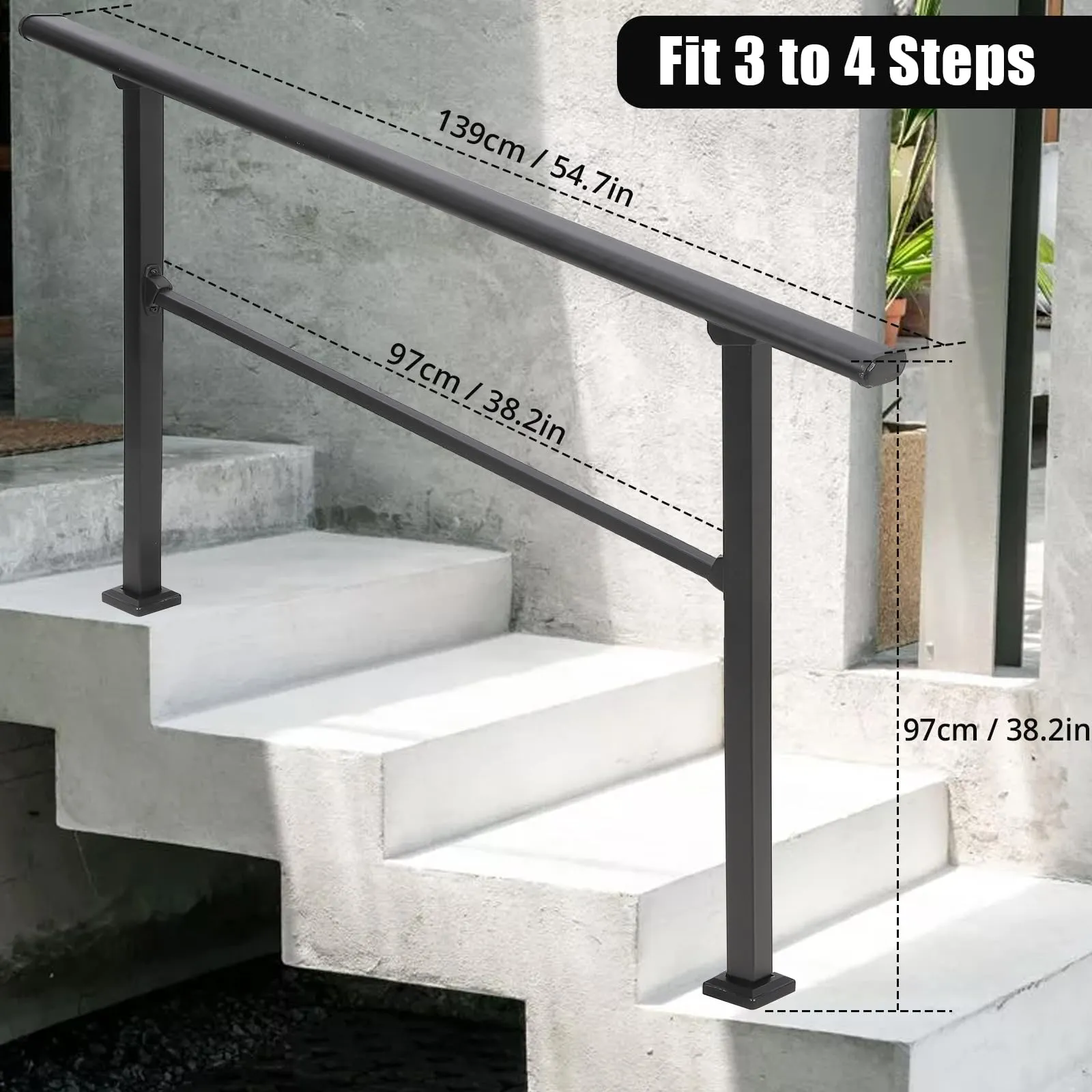 GARVEE Outdoor Handrails for 3-4 Steps, Sturdy Black Wrought Iron, Safety & Stability, Easy Installation, Anti-Rust, Porch & Garden Use