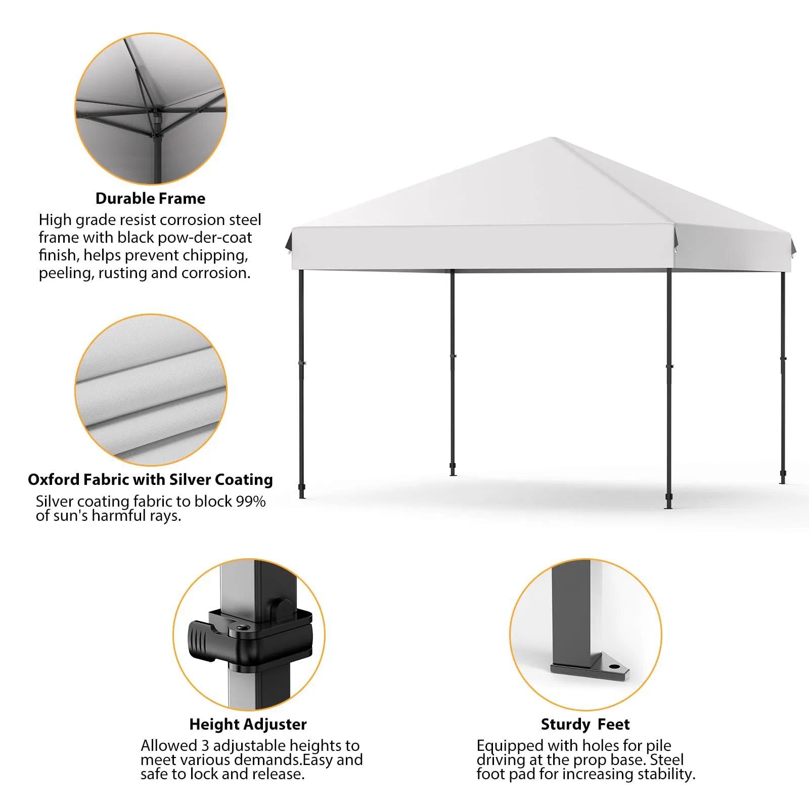 GARVEE Pop-Up Canopy Tent - Waterproof Outdoor Canopy, Portable Sun Shelter, with Roller Bag, 4 x Sandbags, 4 x Stakes, for Picnic, Camping, Outdoor Events, Parties, Patio, 10'x10'，Grey