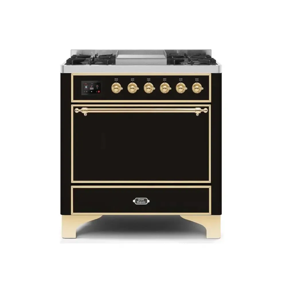 ILVE Majestic II 36 Inch Freestanding Dual Fuel Liquid Propane Range with Solid Door and Brass Trim