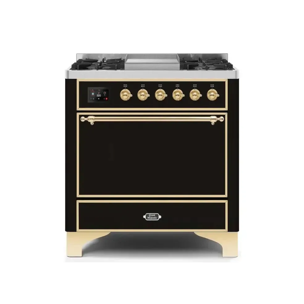 ILVE Majestic II 36 Inch Freestanding Dual Fuel Natural Gas Range with Solid Door and Brass Trim