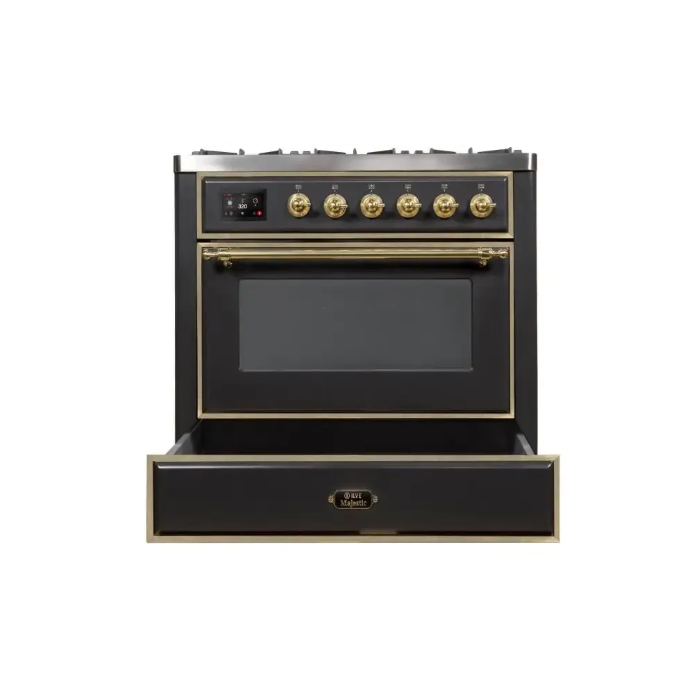 ILVE Majestic II 36 Inch Freestanding Dual Fuel Range Single Oven Natural Gas with Brass Trim