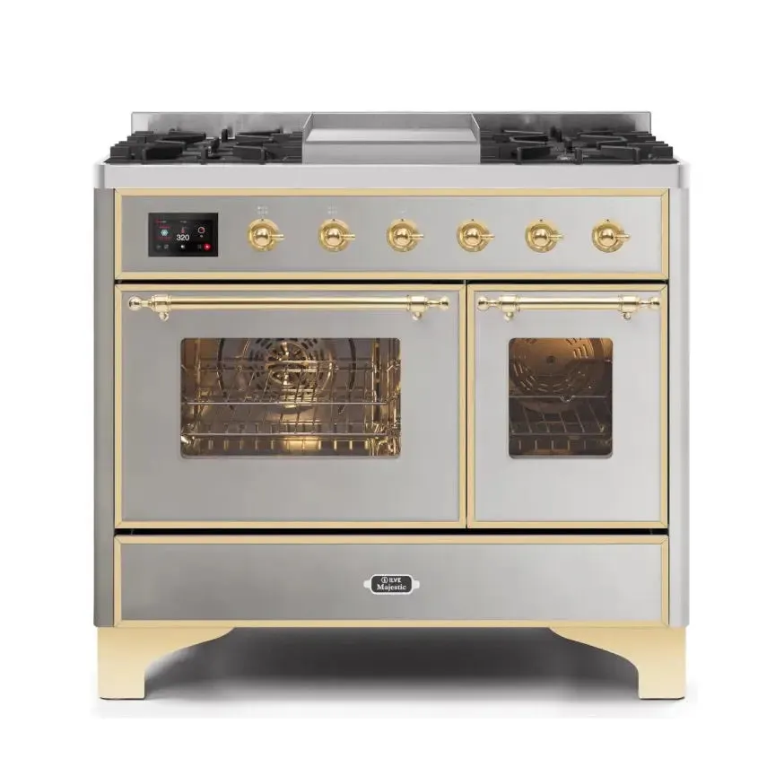 ILVE Majestic II 40 Inch Freestanding Dual Fuel Range Double Oven in Liquid Propane with Brass Trim