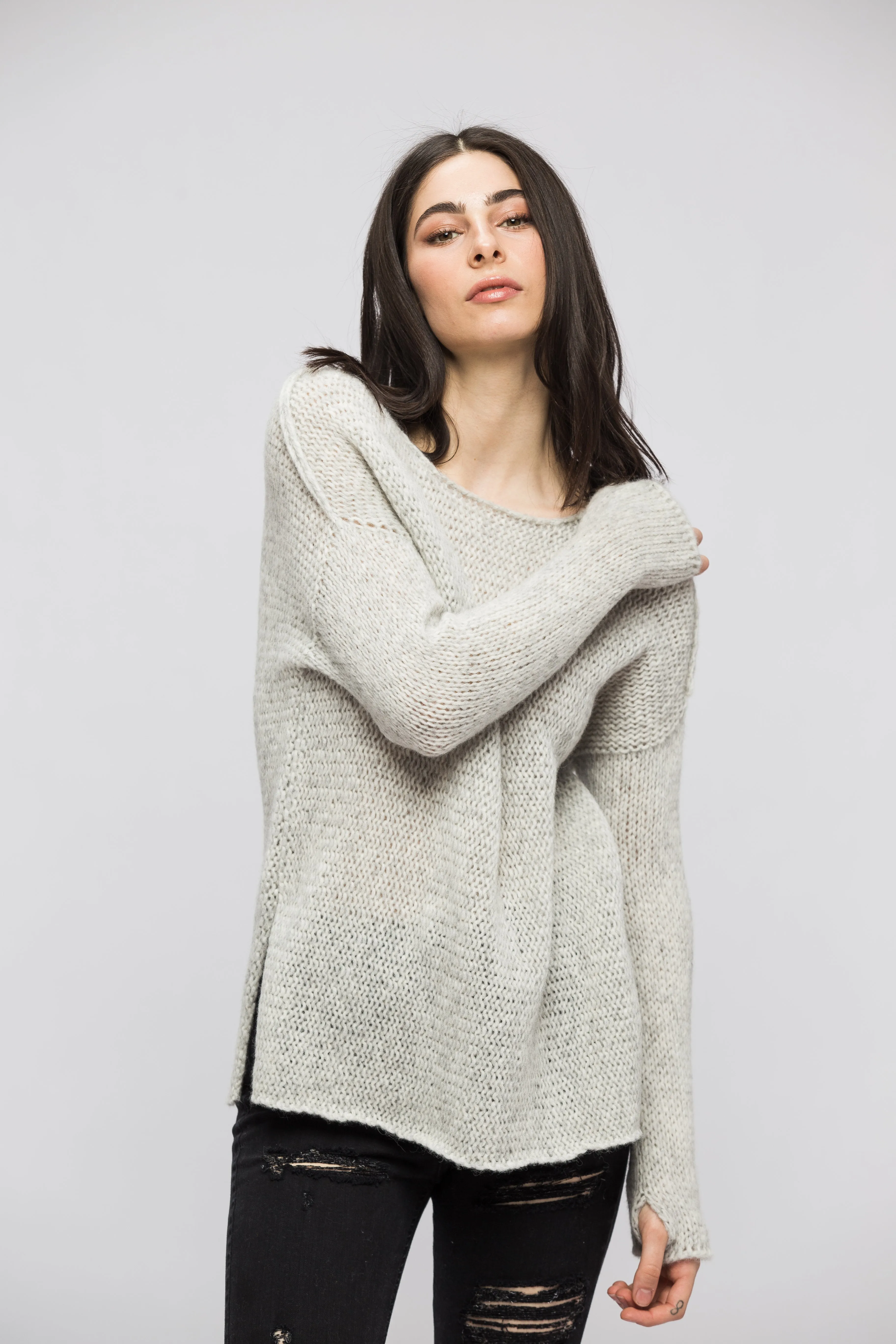 Light grey alpaca sweater.