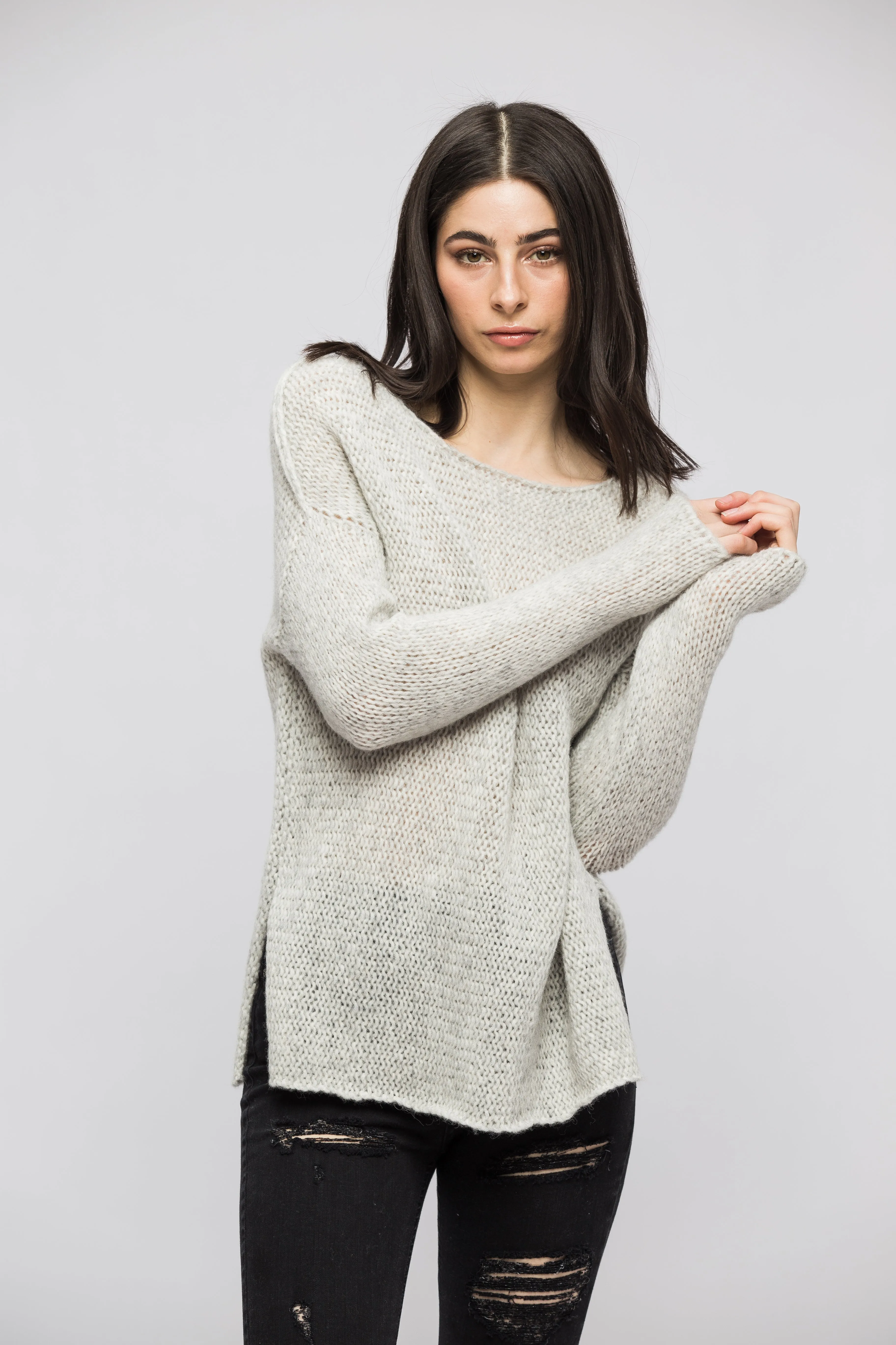 Light grey alpaca sweater.