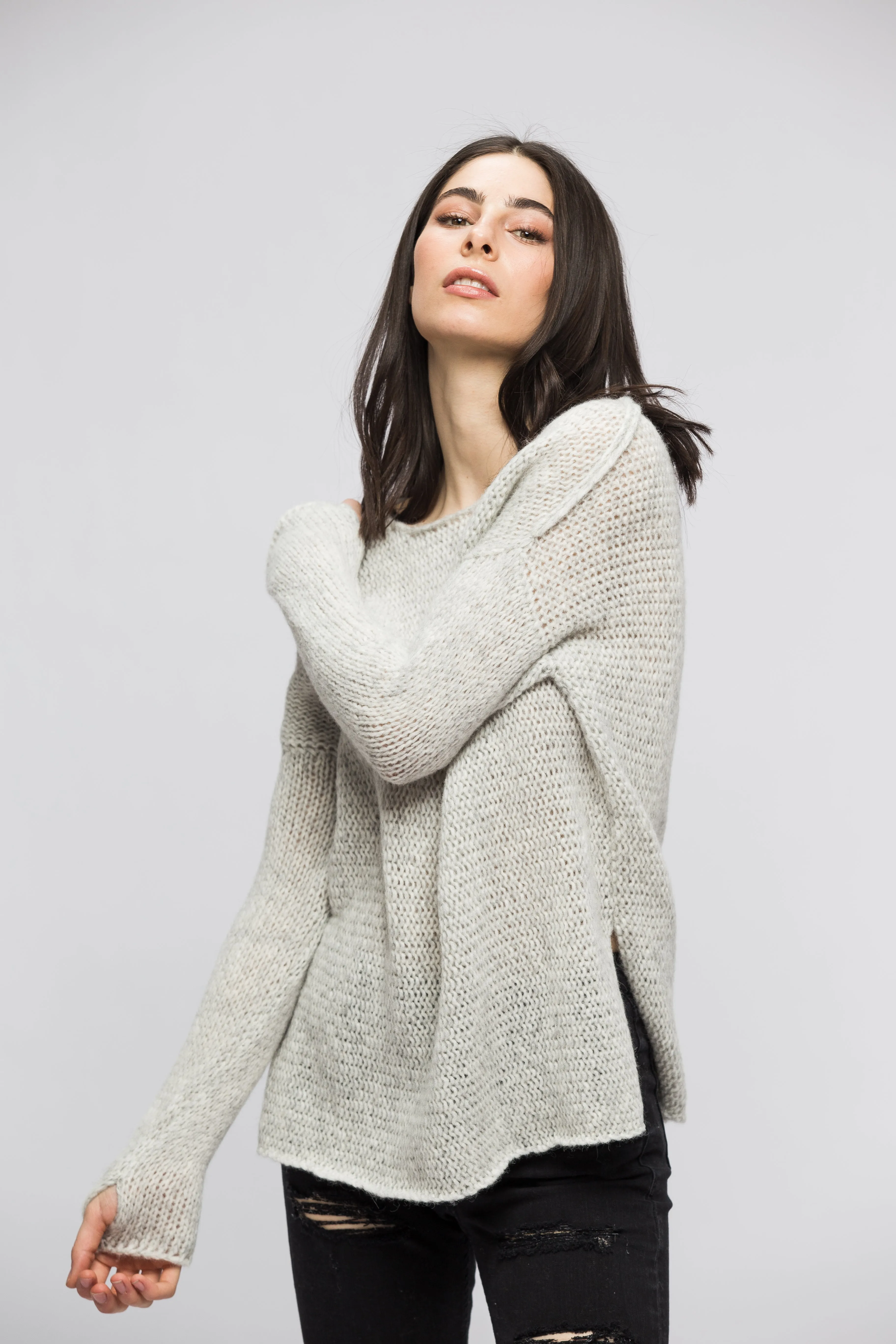 Light grey alpaca sweater.