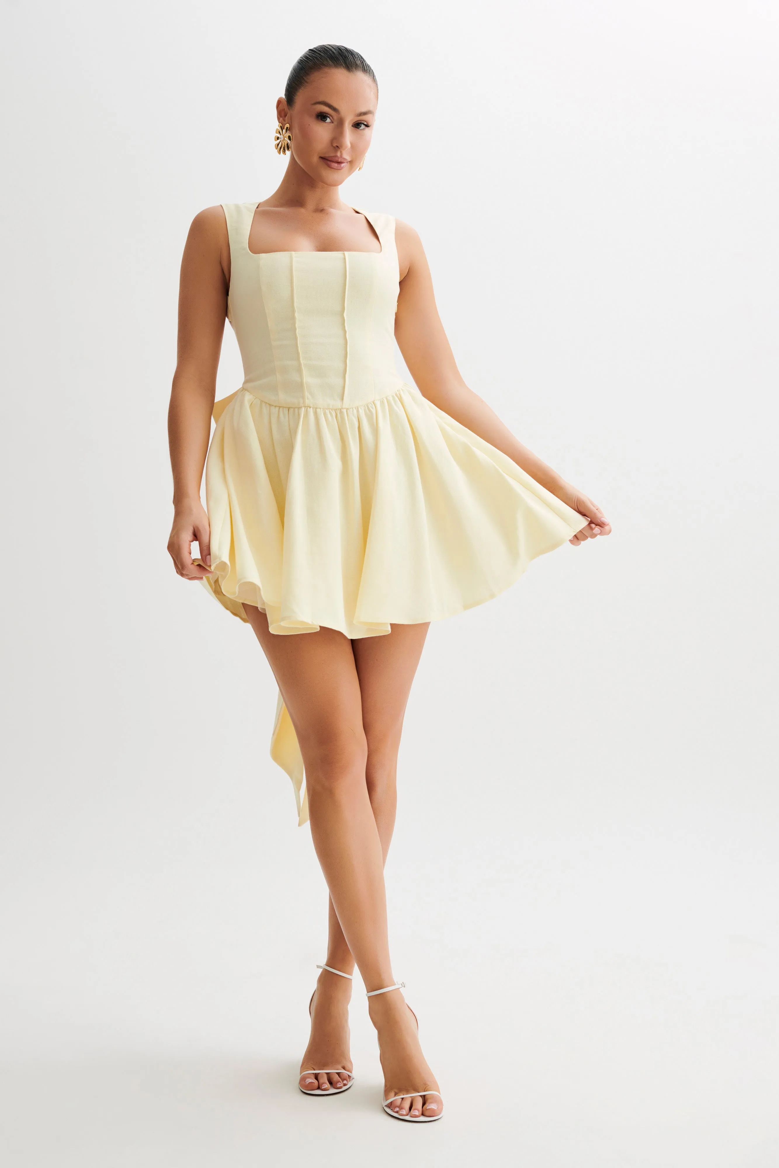 Marcella Linen Bow Back Mini Dress - Lemon Sherbet