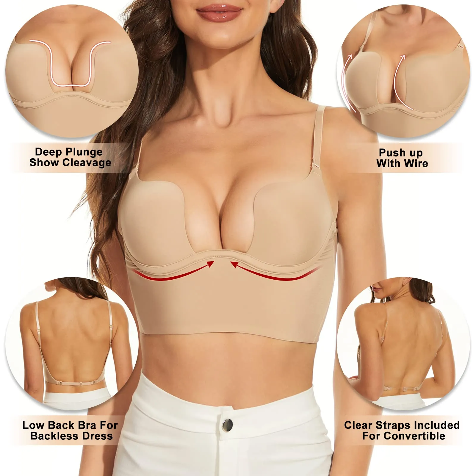 SheCurve® Plunging Low-Back Bra - Black Beige (2 Pack)