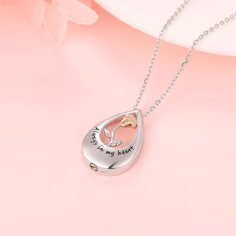 Sterling Silver 5A Cubic Zirconia Rose Infinity TearDangle Urn Necklace for Ashes