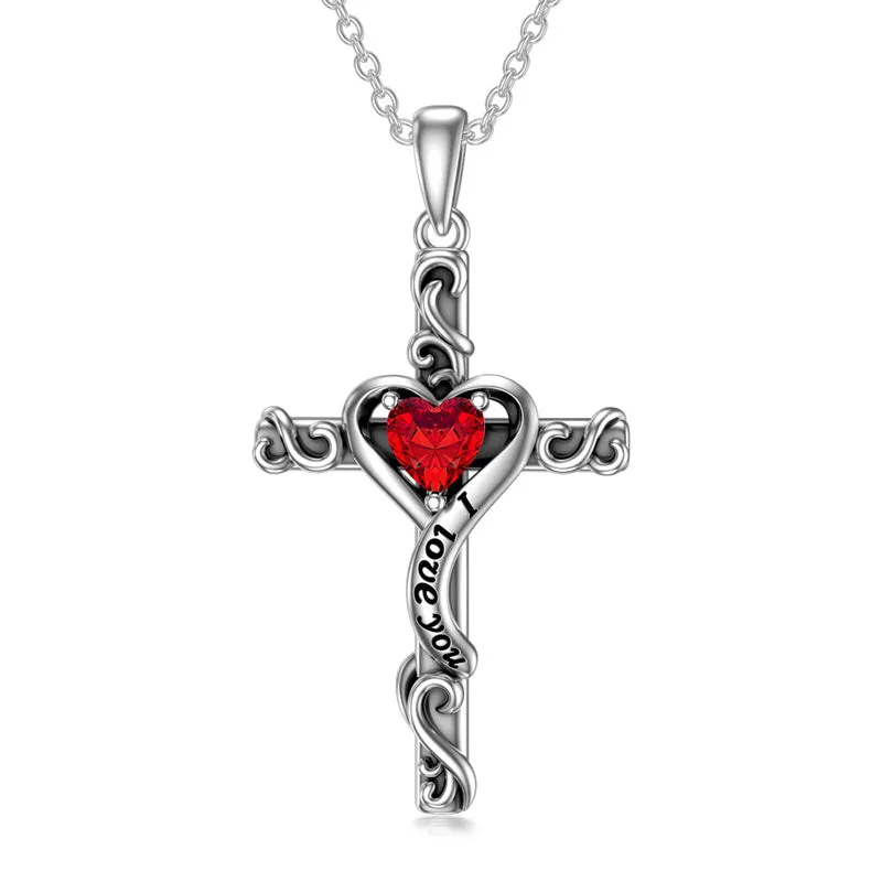 Sterling Silver Birthstone Cross Pendant Necklace Engraved With ?I Love You