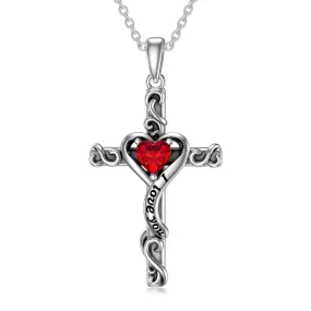 Sterling Silver Birthstone Cross Pendant Necklace Engraved With ?I Love You