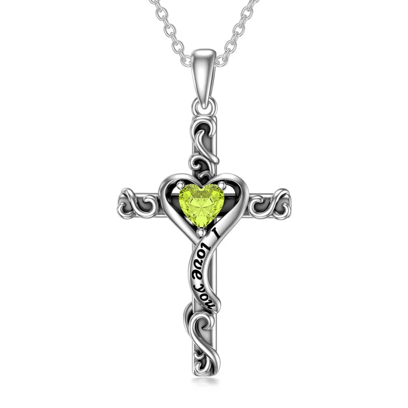 Sterling Silver Birthstone Cross Pendant Necklace Engraved With ?I Love You