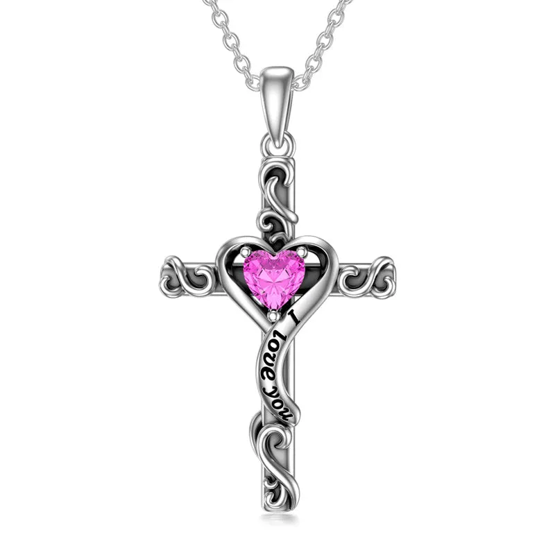 Sterling Silver Birthstone Cross Pendant Necklace Engraved With ?I Love You