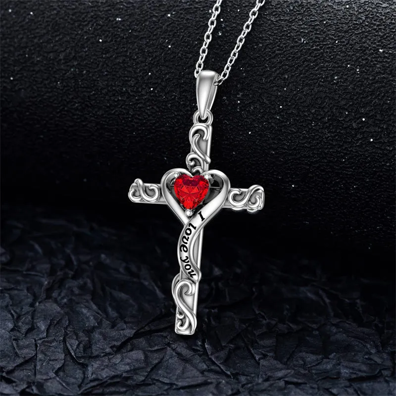 Sterling Silver Birthstone Cross Pendant Necklace Engraved With ?I Love You