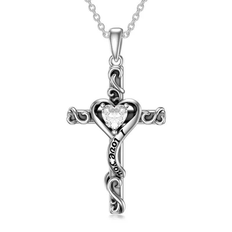 Sterling Silver Birthstone Cross Pendant Necklace Engraved With ?I Love You