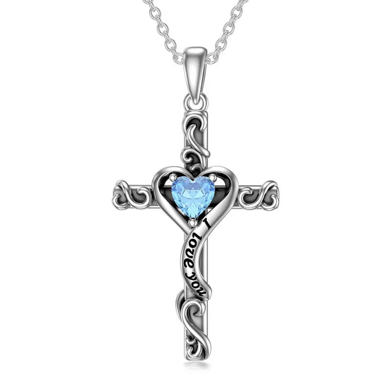 Sterling Silver Birthstone Cross Pendant Necklace Engraved With ?I Love You