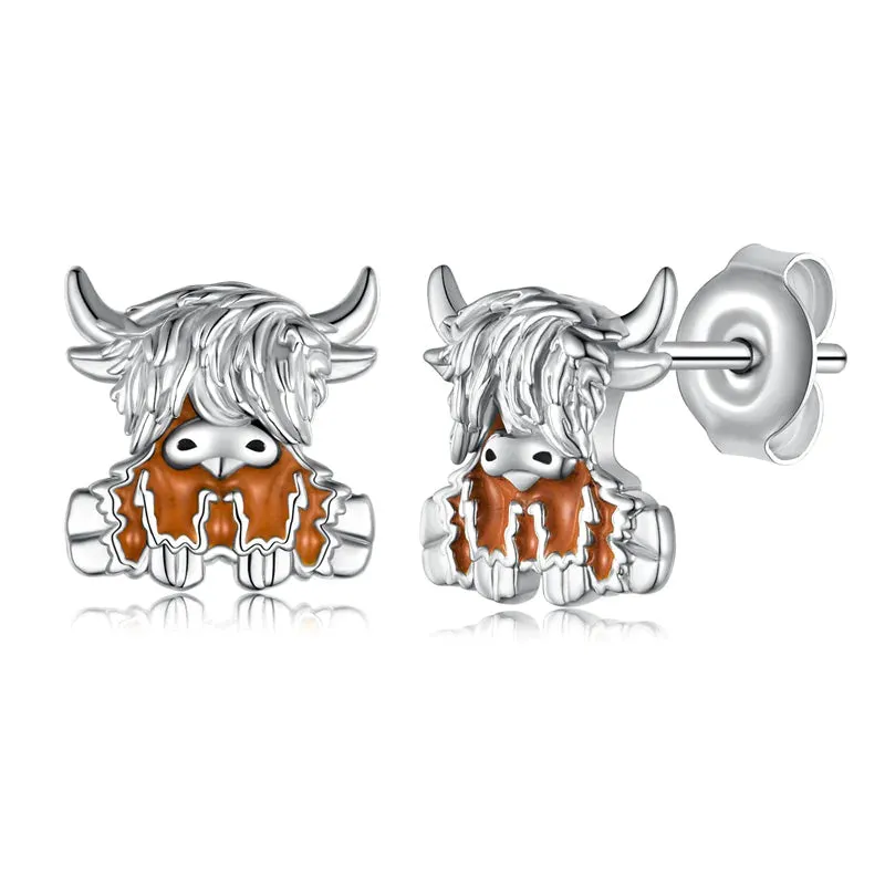 Sterling Silver Highland Cow Dangle Stud Leverback Hoop Earrings