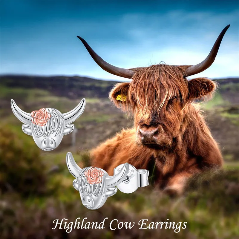 Sterling Silver Highland Cow Dangle Stud Leverback Hoop Earrings