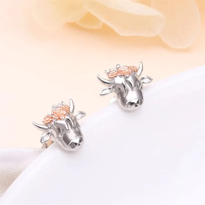 Sterling Silver Highland Cow Dangle Stud Leverback Hoop Earrings