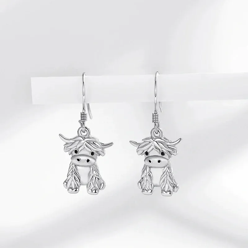 Sterling Silver Highland Cow Dangle Stud Leverback Hoop Earrings