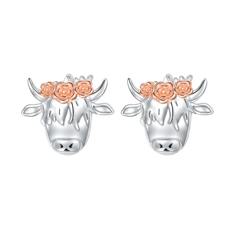 Sterling Silver Highland Cow Dangle Stud Leverback Hoop Earrings