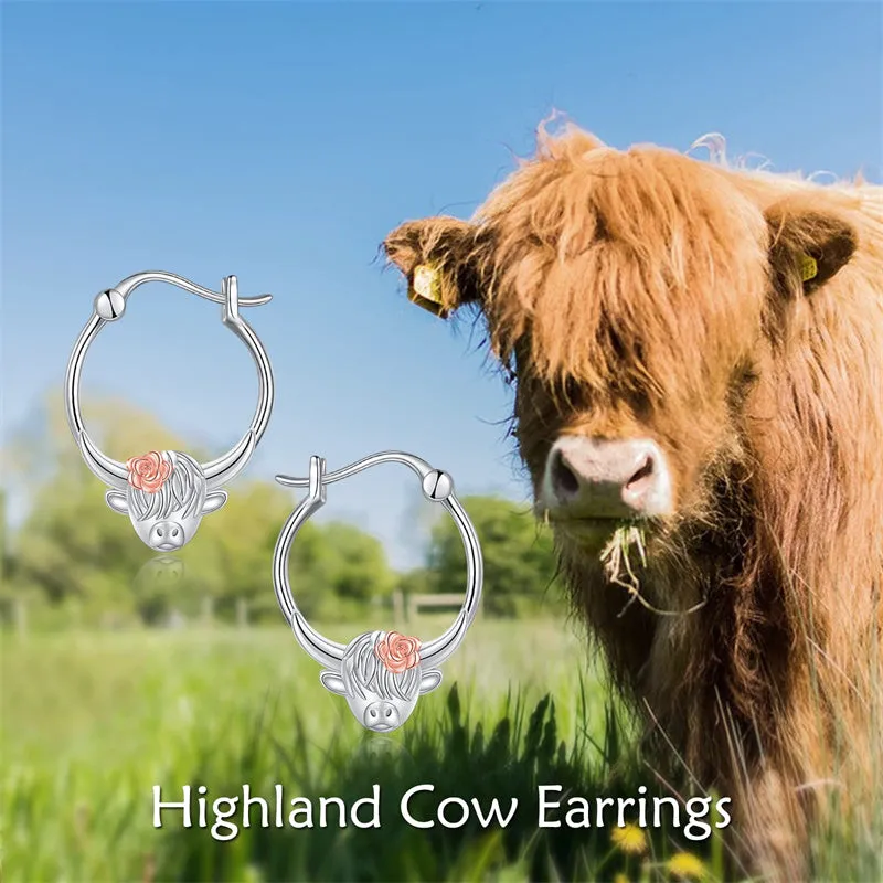 Sterling Silver Highland Cow Dangle Stud Leverback Hoop Earrings