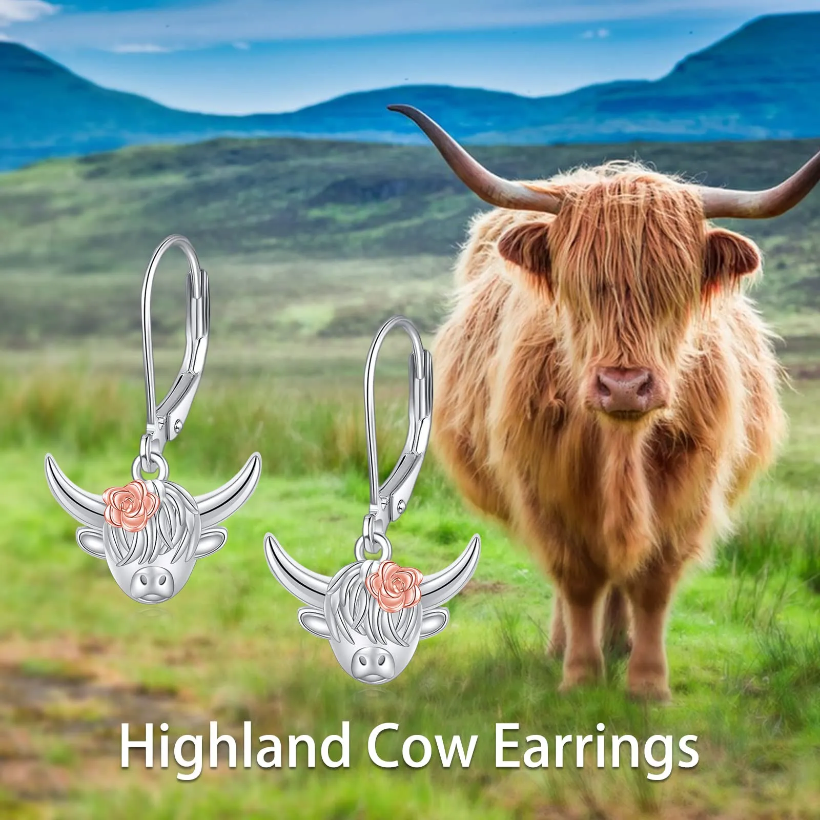 Sterling Silver Highland Cow Dangle Stud Leverback Hoop Earrings