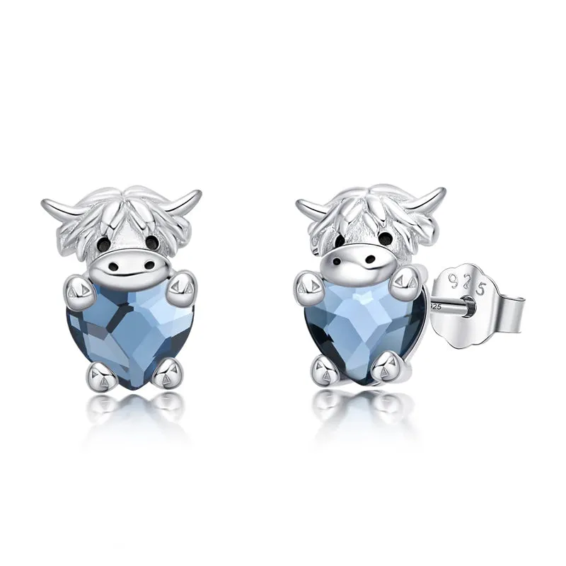 Sterling Silver Highland Cow Dangle Stud Leverback Hoop Earrings