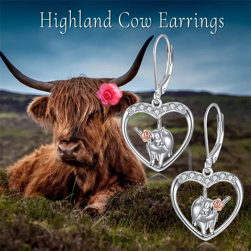 Sterling Silver Highland Cow Dangle Stud Leverback Hoop Earrings