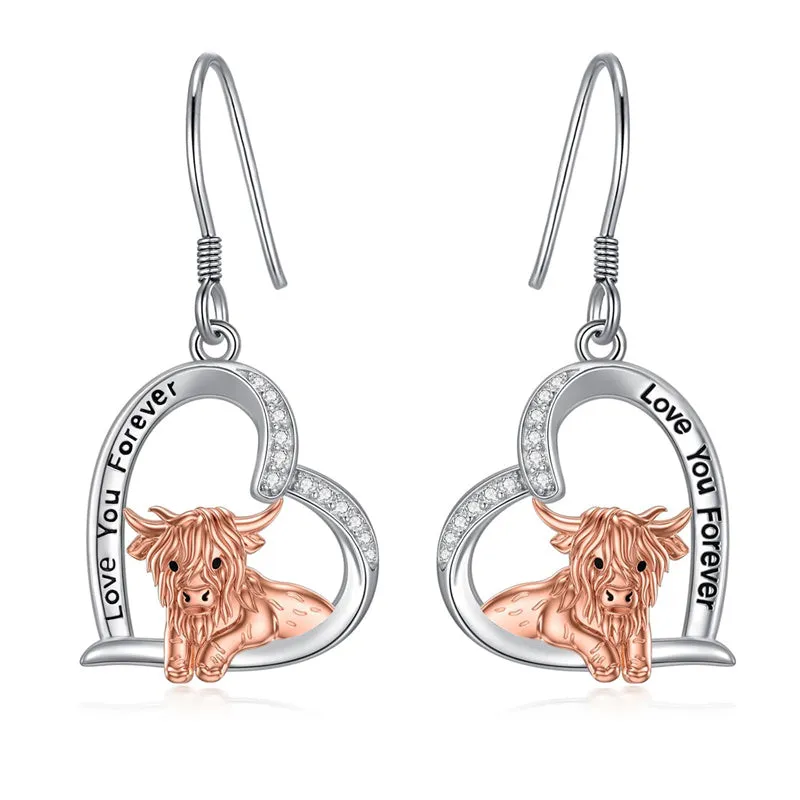 Sterling Silver Highland Cow Dangle Stud Leverback Hoop Earrings