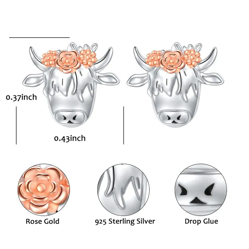 Sterling Silver Highland Cow Dangle Stud Leverback Hoop Earrings