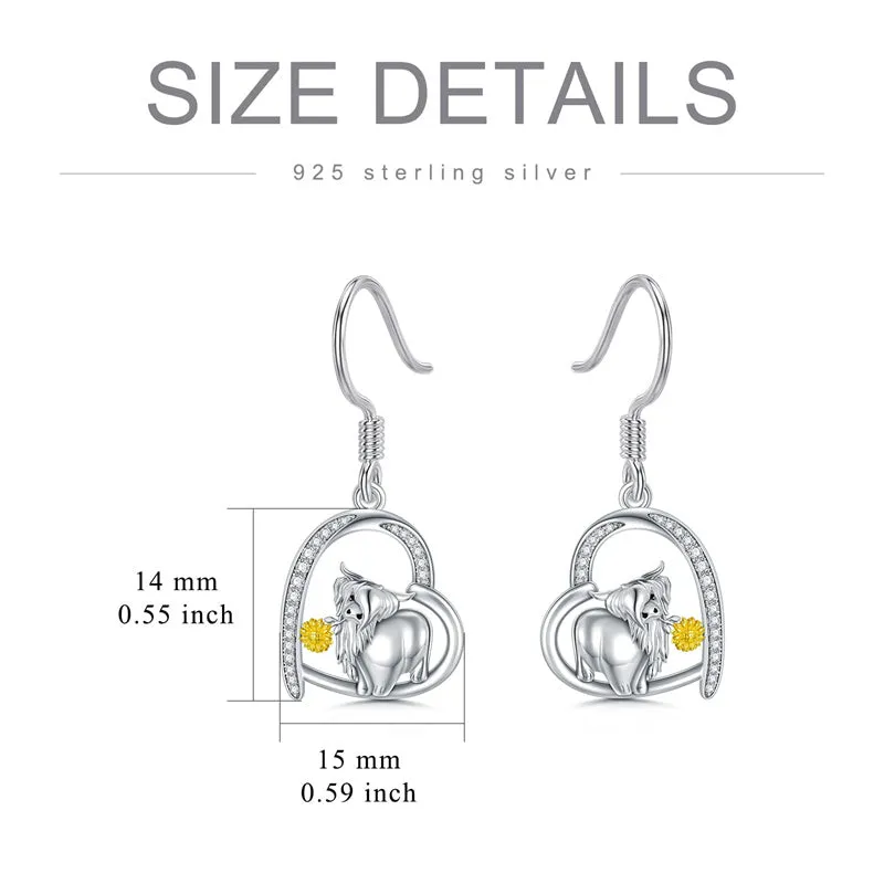 Sterling Silver Highland Cow Dangle Stud Leverback Hoop Earrings