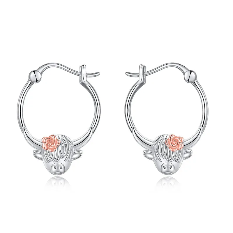 Sterling Silver Highland Cow Dangle Stud Leverback Hoop Earrings