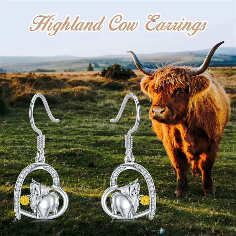 Sterling Silver Highland Cow Dangle Stud Leverback Hoop Earrings