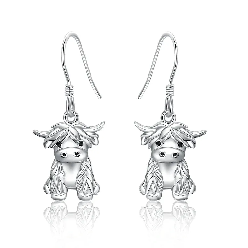 Sterling Silver Highland Cow Dangle Stud Leverback Hoop Earrings