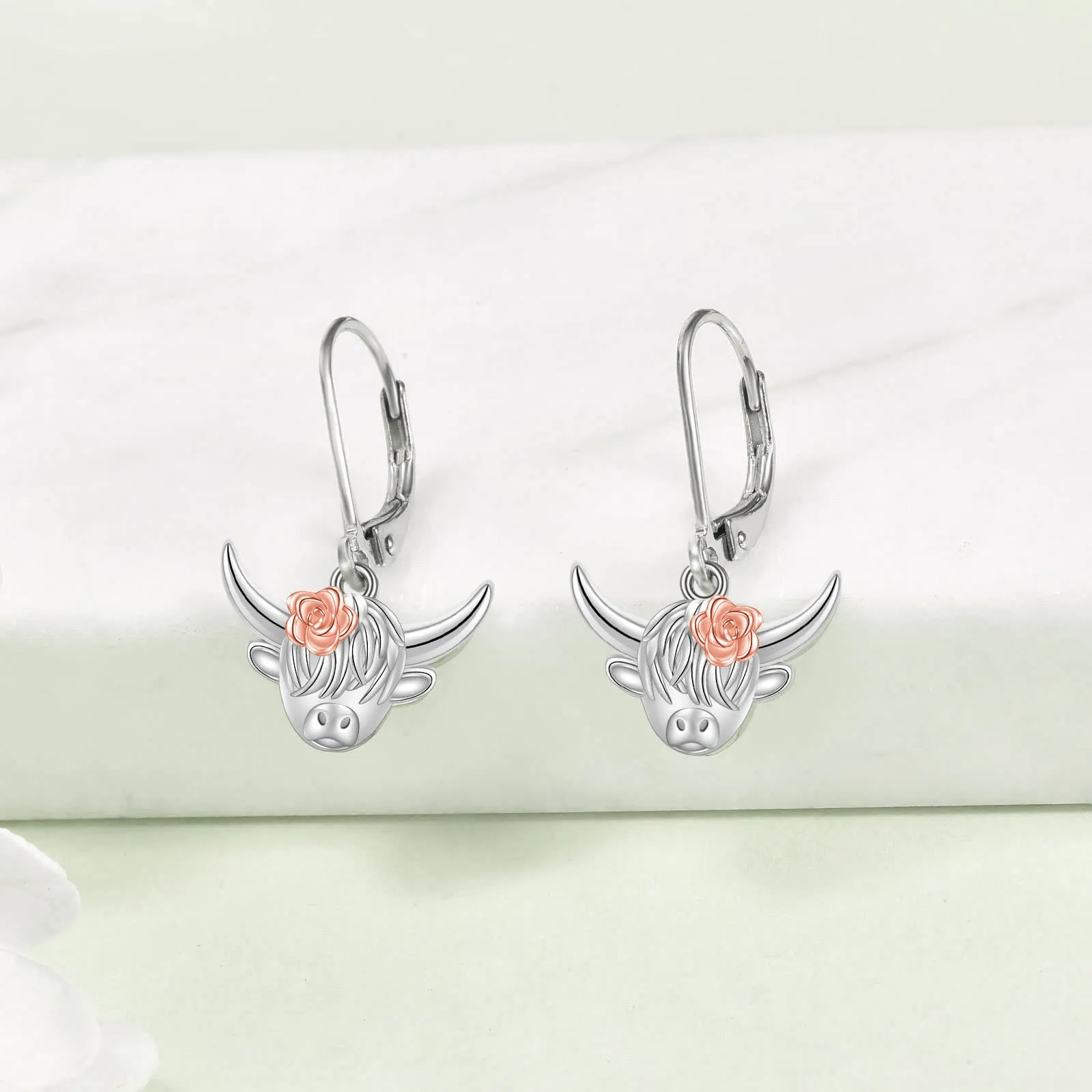 Sterling Silver Highland Cow Dangle Stud Leverback Hoop Earrings