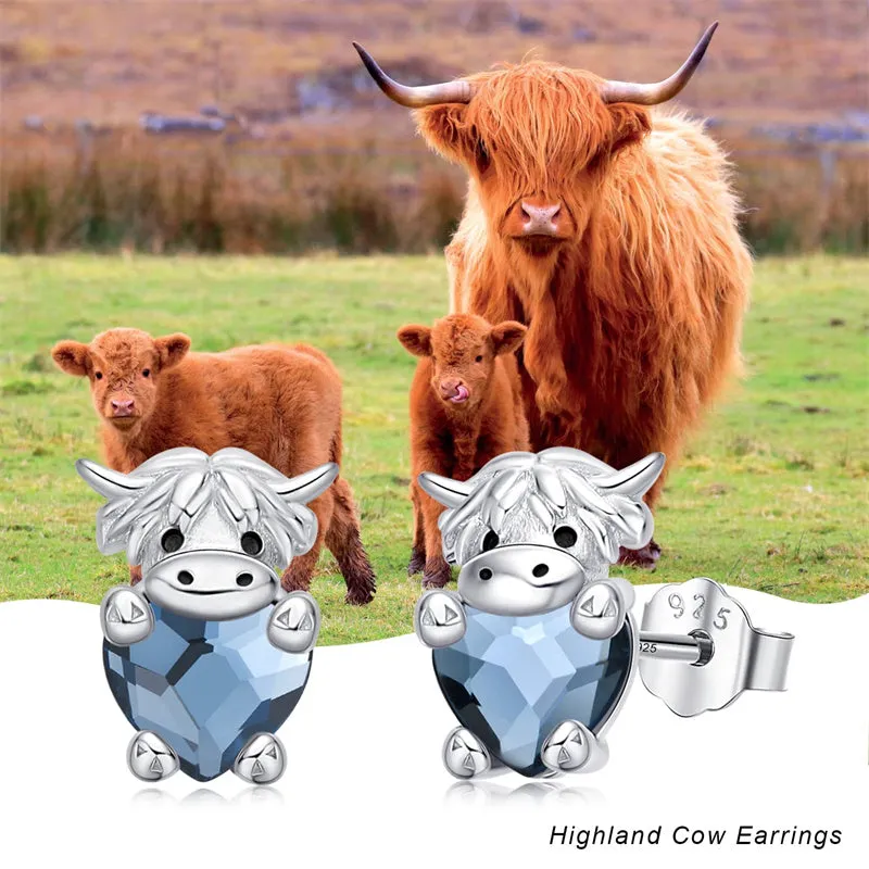 Sterling Silver Highland Cow Dangle Stud Leverback Hoop Earrings