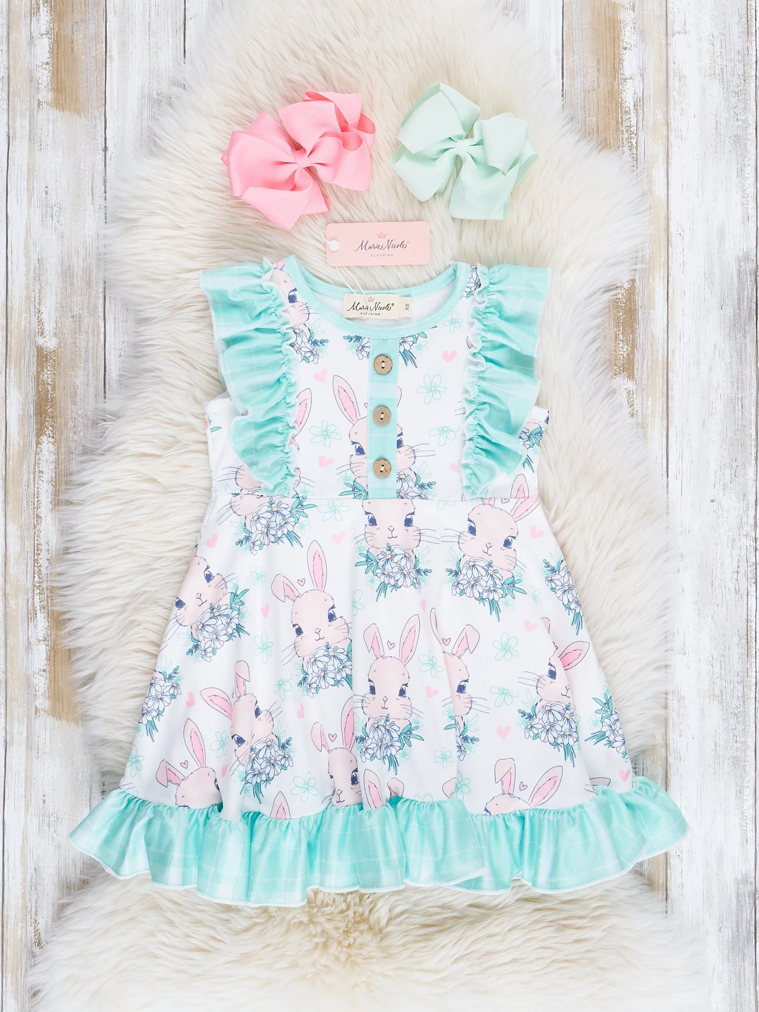 Turquoise Bunnies Ruffle Dress