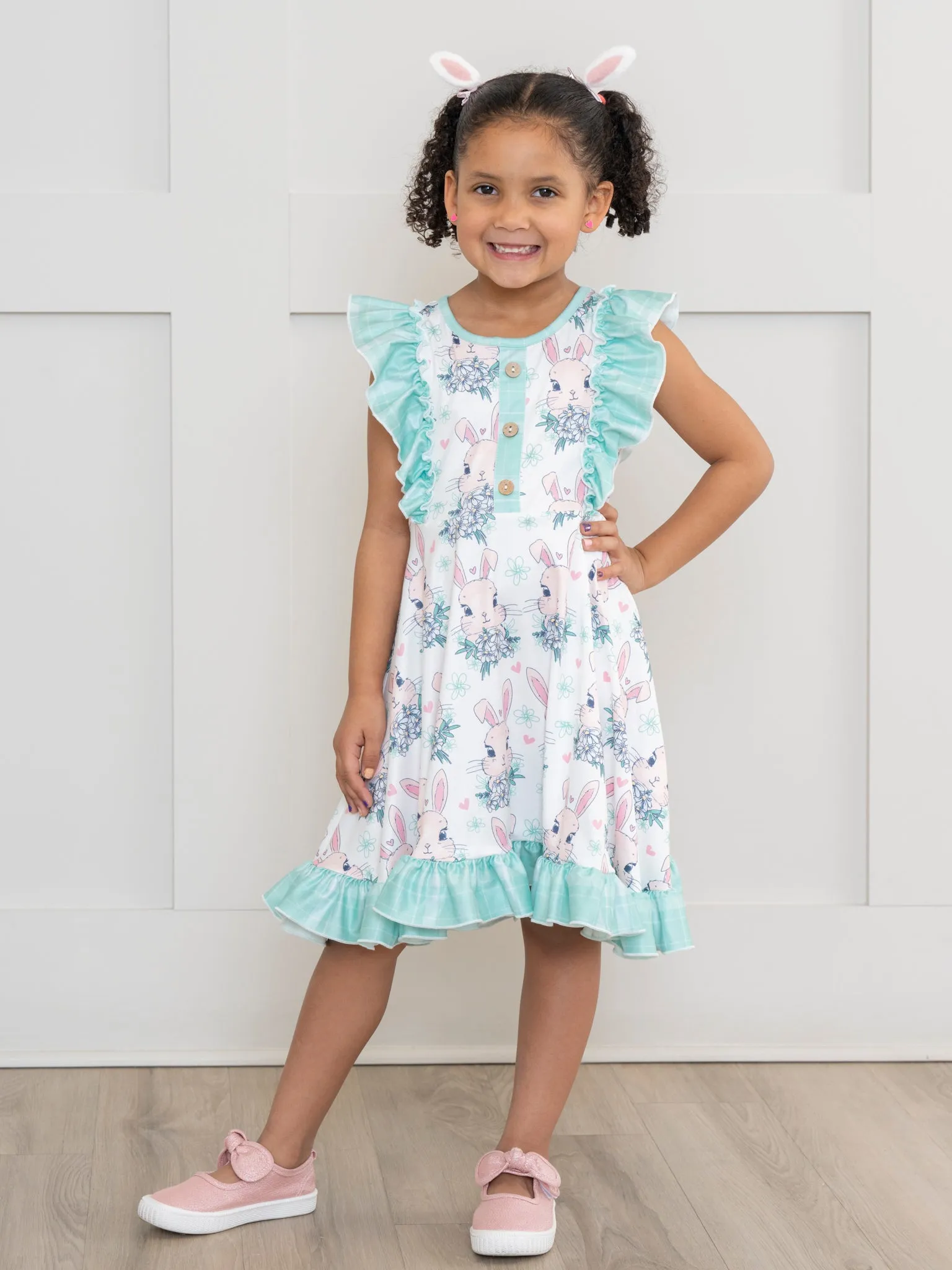 Turquoise Bunnies Ruffle Dress