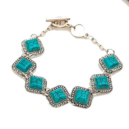 Yellow Chimes Oxidized Silver Turquoise Square Links Blue Bracelet for Girls and Women